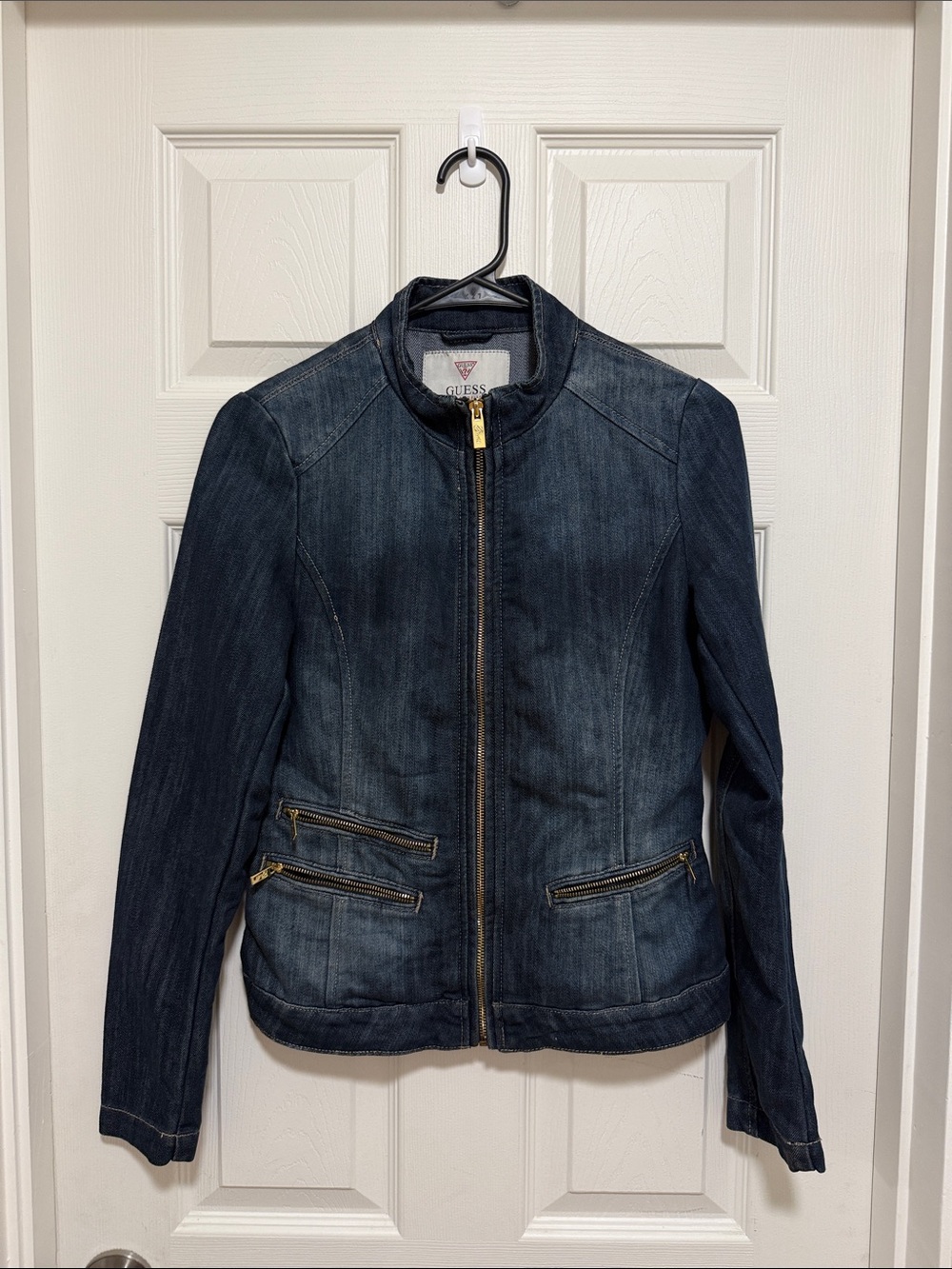 GUESS Women's Dark Indigo Denim Zip-Up Jacket